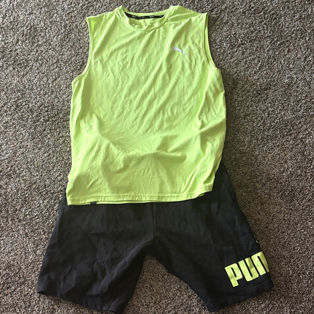 Puma Lime Green Sleeveless Top and Black Shorts